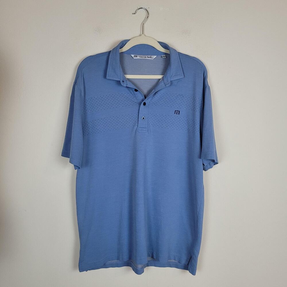 Travis Mathew Polo Shirt Mens Large Blue Perforated Stripe‎ Golf Stretch Logo